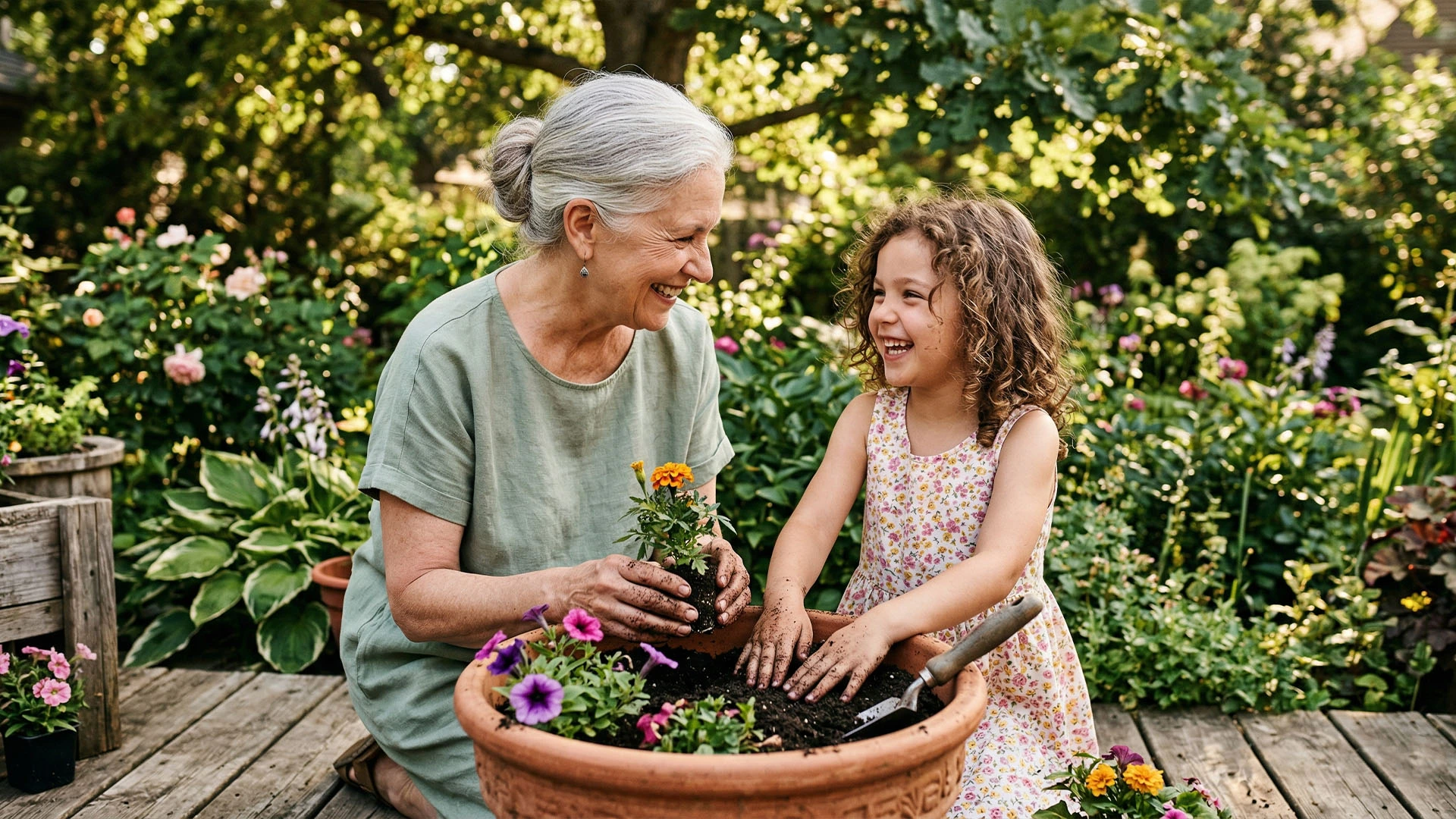 Grandmother and granddaughter gardening together outdoors